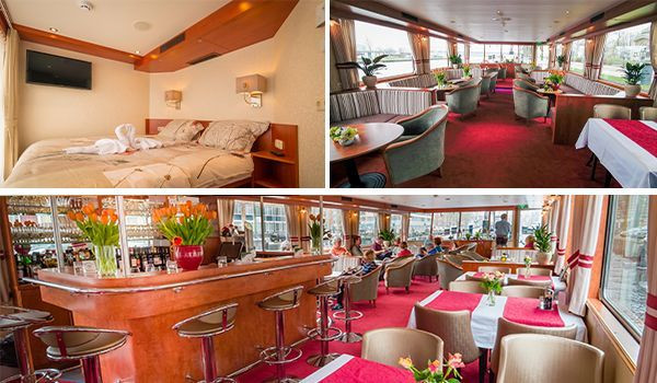 Hut en restaurantlounge aan boord van de Fluvius